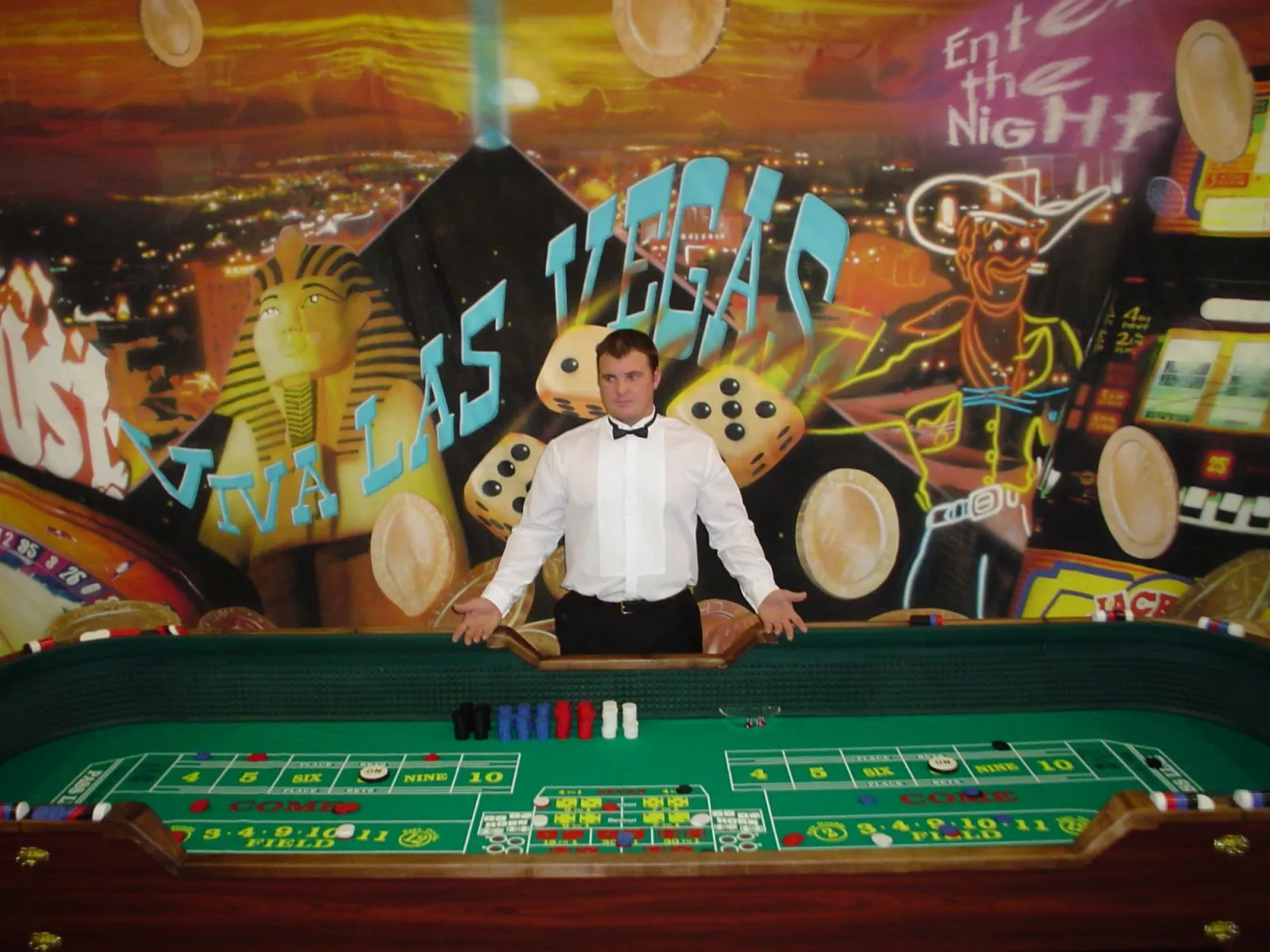 Full-size craps table rental with chips and a dealer set up for a casino night event